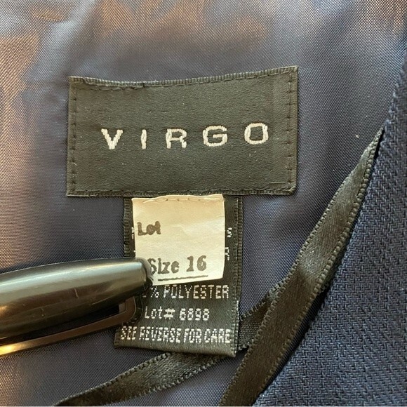 Vintage Navy Embroidery Midi Sheath Dress Deco Buttons Linen Look by VIRGO SZ 16 - Picture 11 of 13